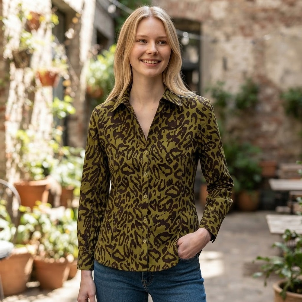 Jones New York Button Down Women S Green NWT Animal Print MSRP $44.98 3/4 Sleeve